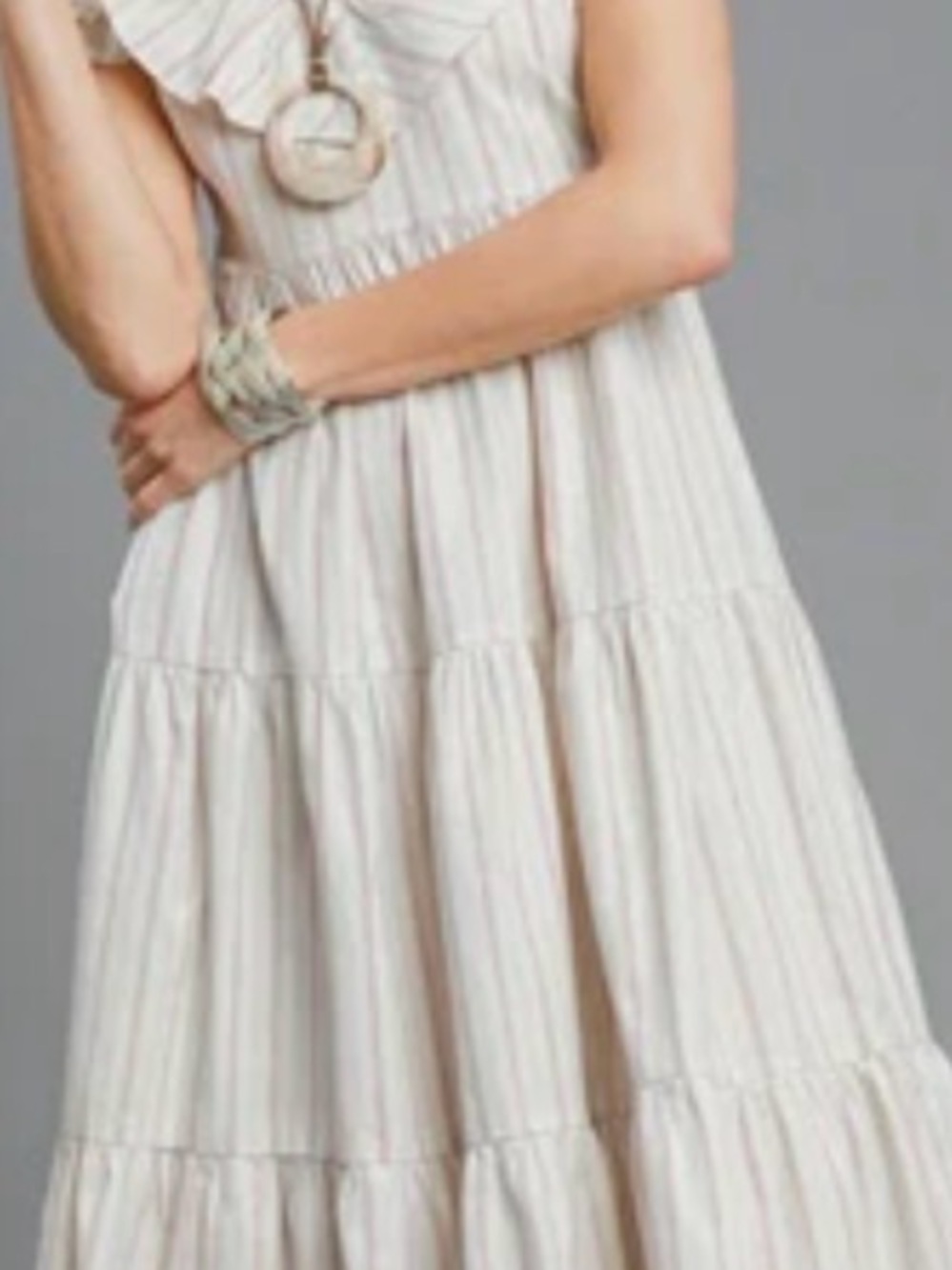 Umgee Cream and Beige Striped Tiered Dress with Ruffle Strap